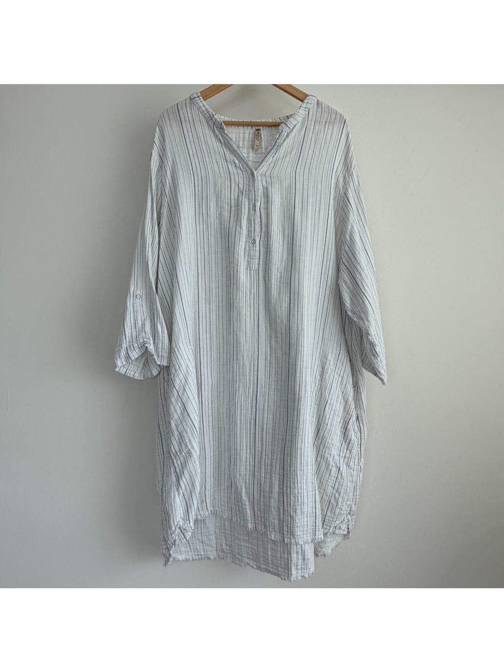 XCVI Tunic Dress Womens 3X White Gauze Cotton Striped Pockets Lagenlook Coastal
